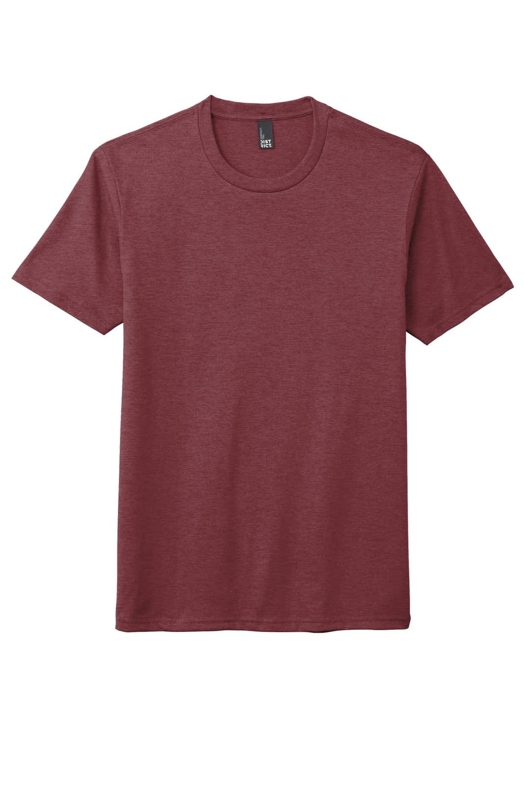 A maroon short-sleeve t-shirt featuring a round neckline and a branded label.