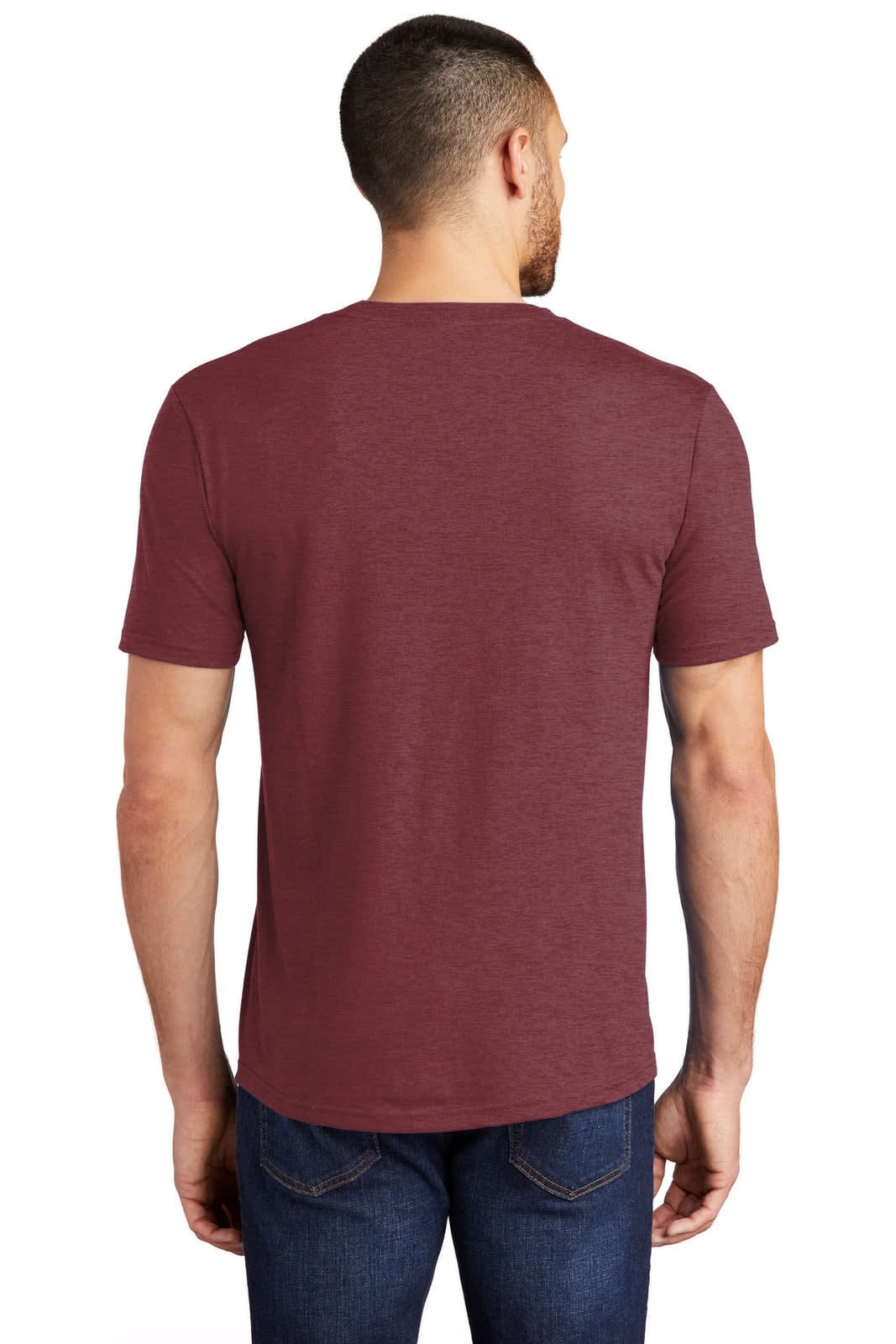 A maroon men's T-shirt featuring a crew neck and short sleeves, displayed from the back. It has a logo on the side.