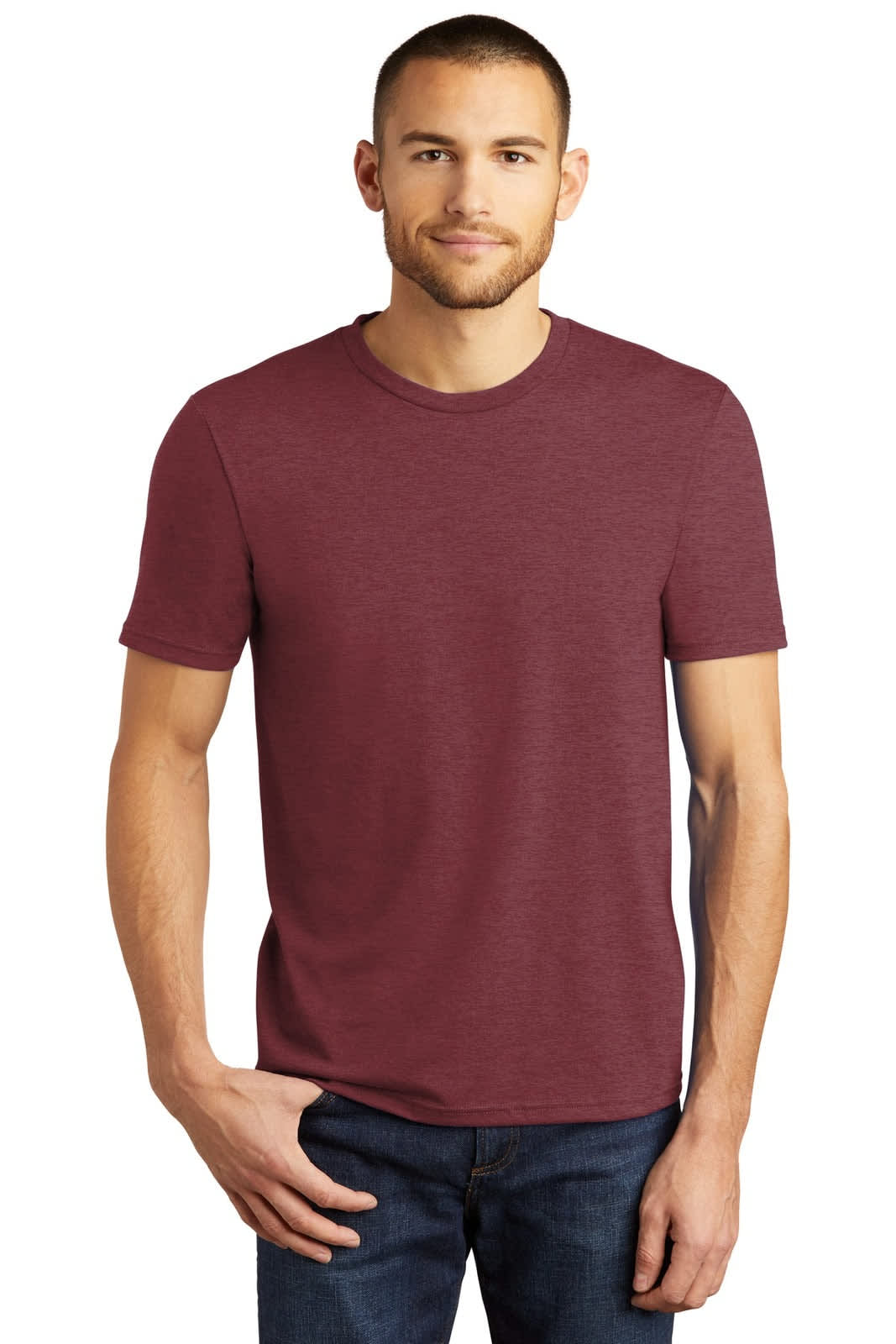 A maroon crew neck T-shirt for men, featuring short sleeves and a casual fit. The shirt has a logo on it.
