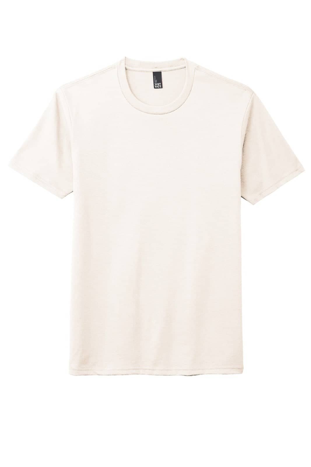 A light beige t-shirt with short sleeves, featuring a crew neck and a logo on the label.