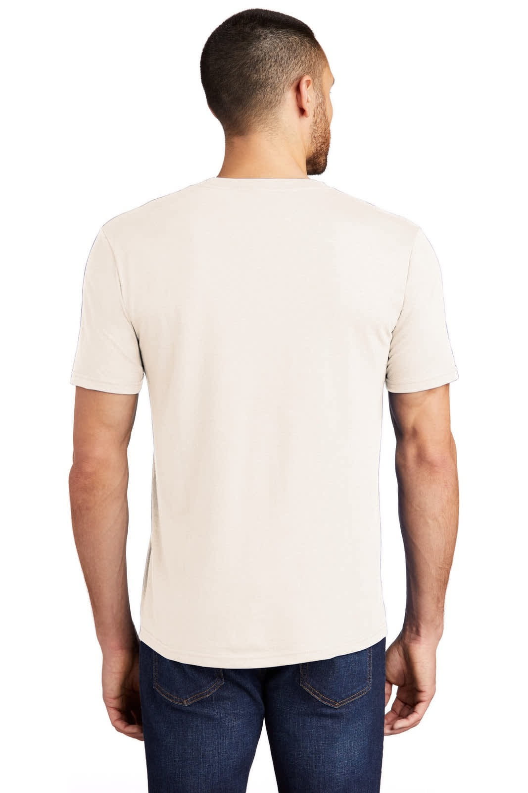 A men's crew tee in a light beige colour, featuring a simple design and a logo on the back.