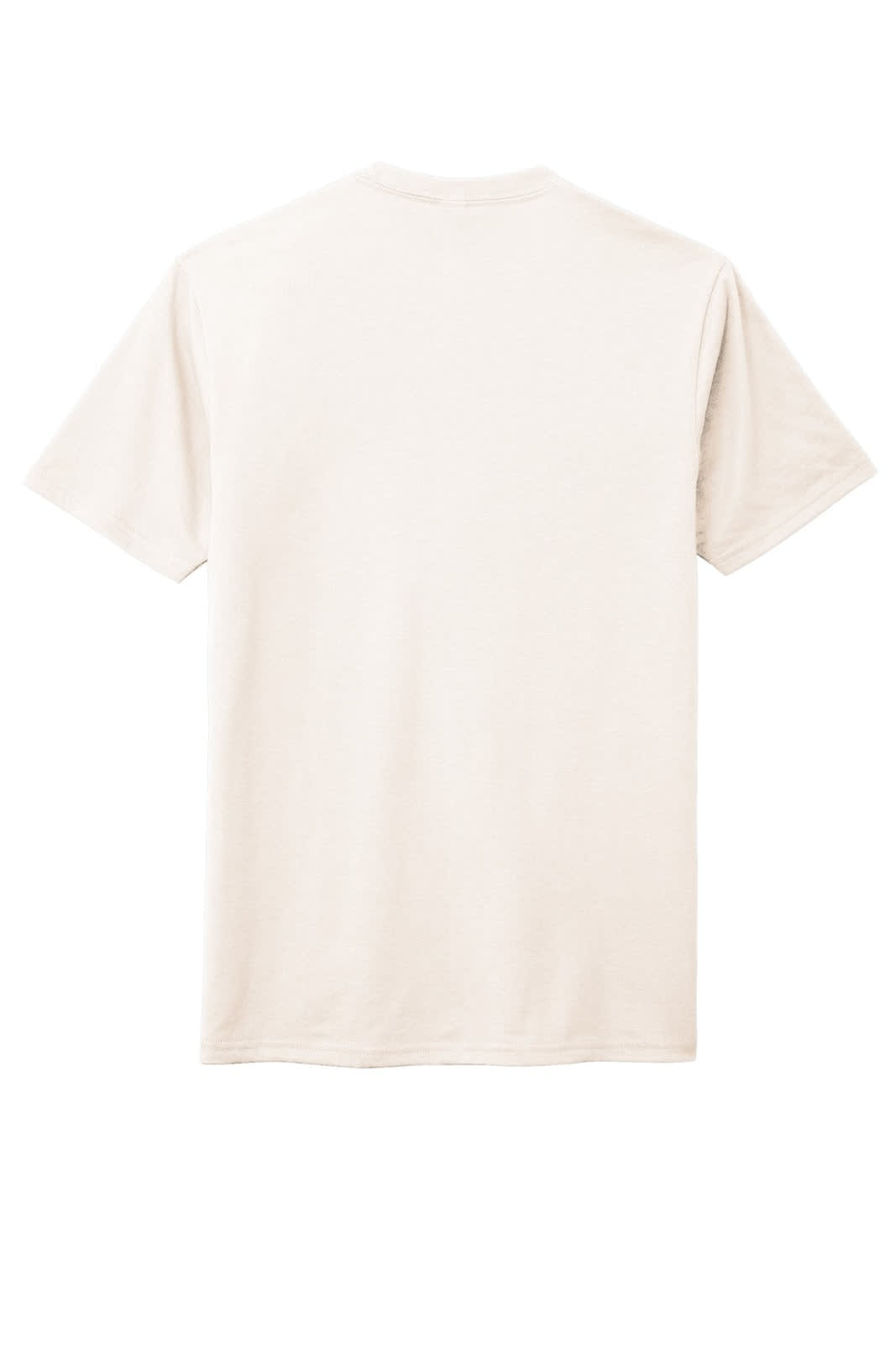 A plain, light-coloured men's t-shirt with a crew neck and short sleeves, featuring a logo on the back.