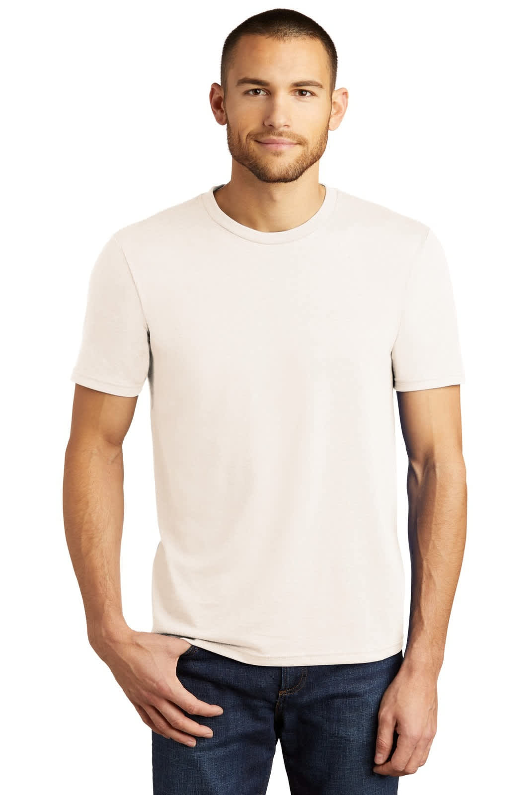 A light beige men's crew t-shirt displayed on a model, featuring a simple design and logo.