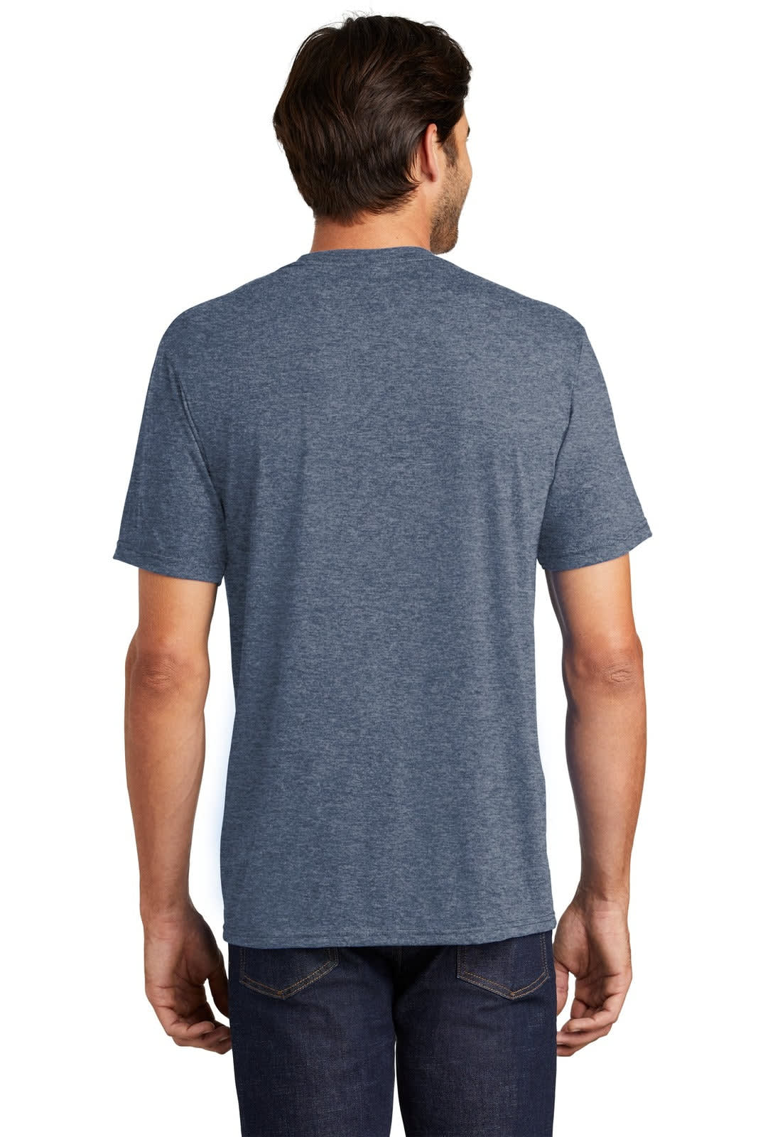 A blue tri-blend men's t-shirt with short sleeves, featuring a logo on the back.