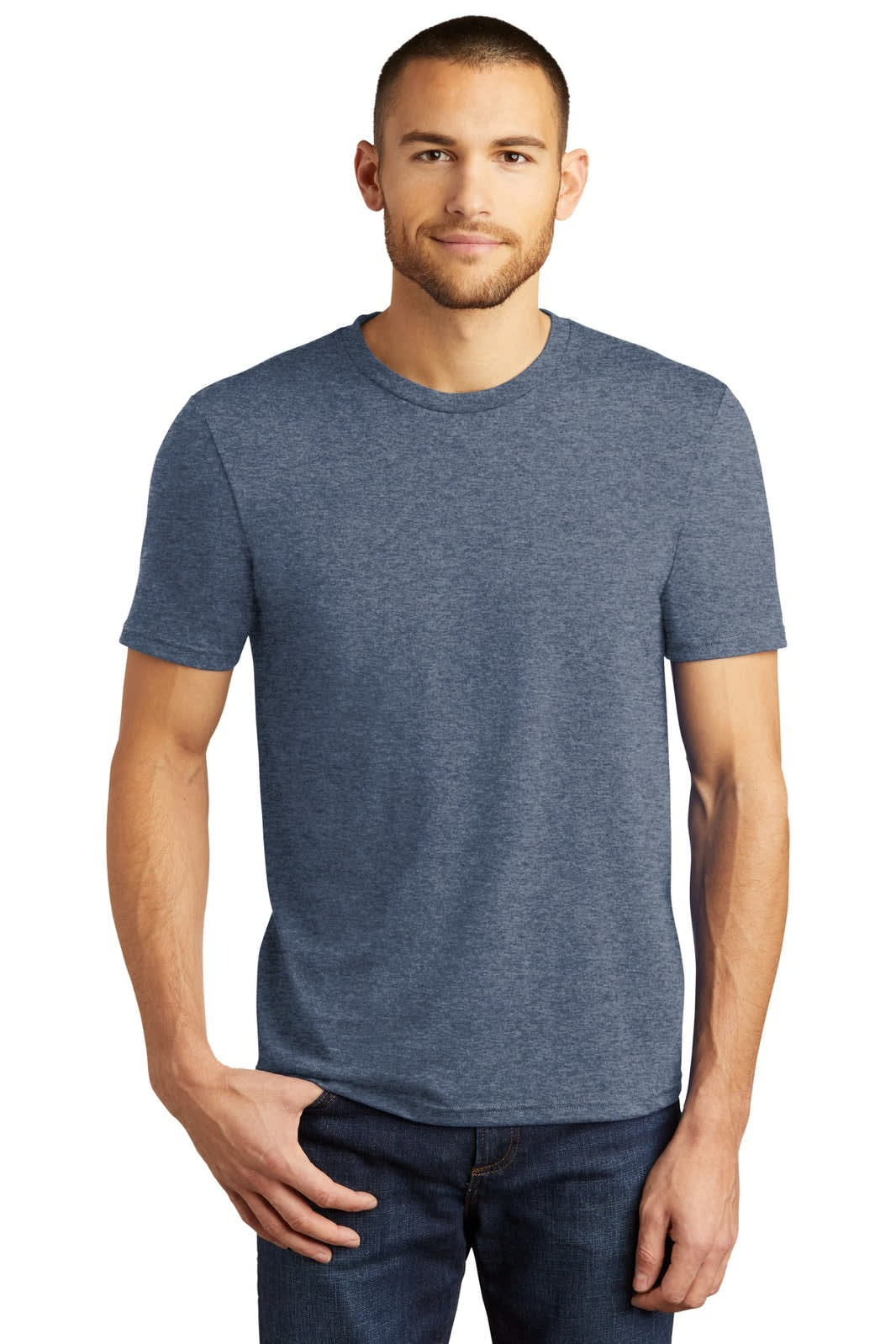 A plain navy blue crew t-shirt for men, featuring a logo on the sleeve, modelled by a man standing casually.
