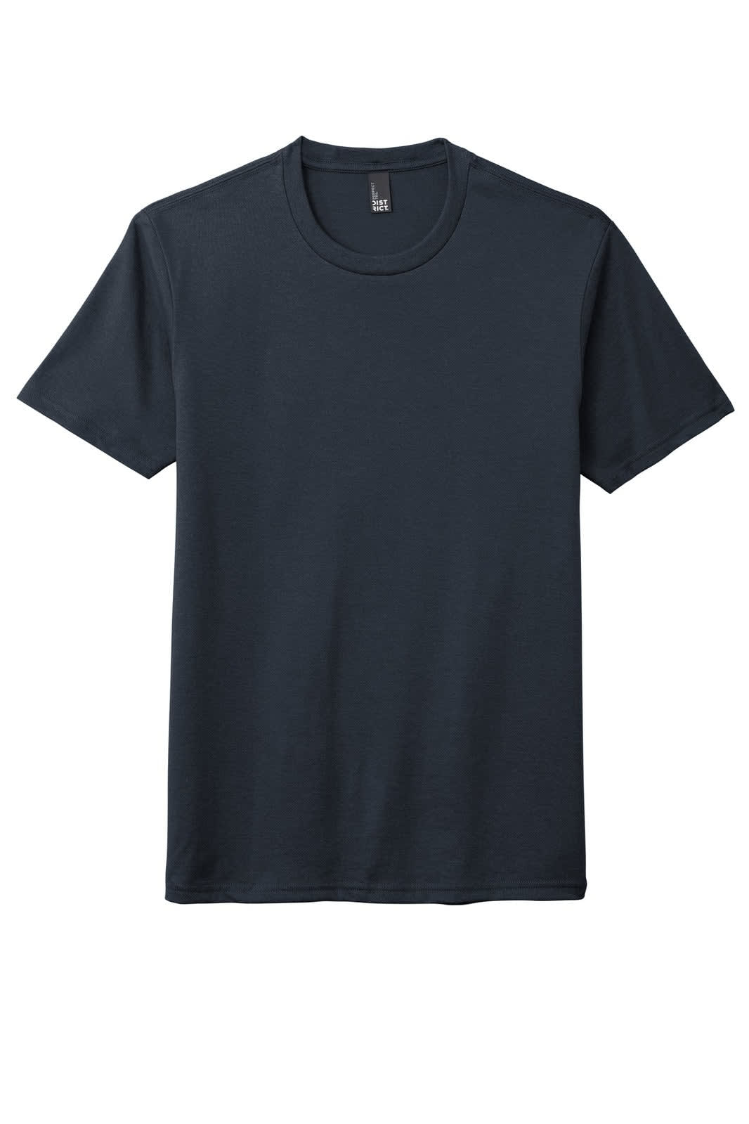 A navy T-shirt with a classic crew neck design, featuring short sleeves and a logo.