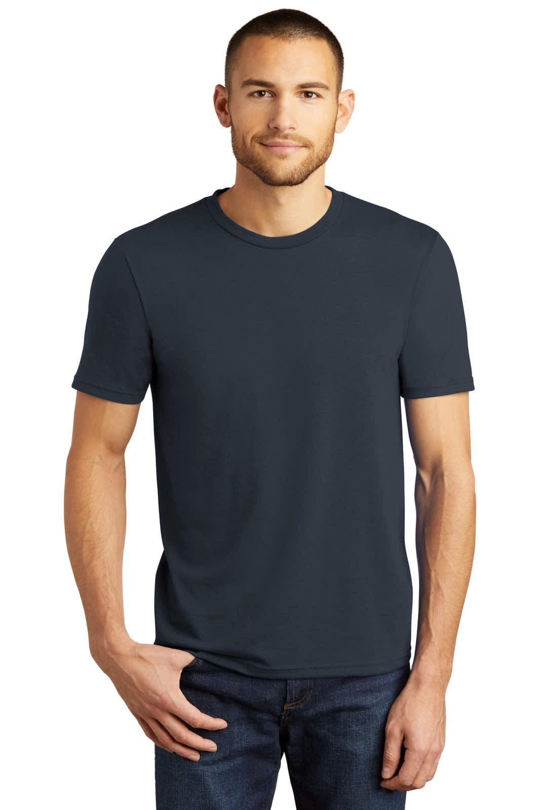 A men's crew neck t-shirt in navy blue, made from a soft tri-blend fabric, featuring a logo on the chest.