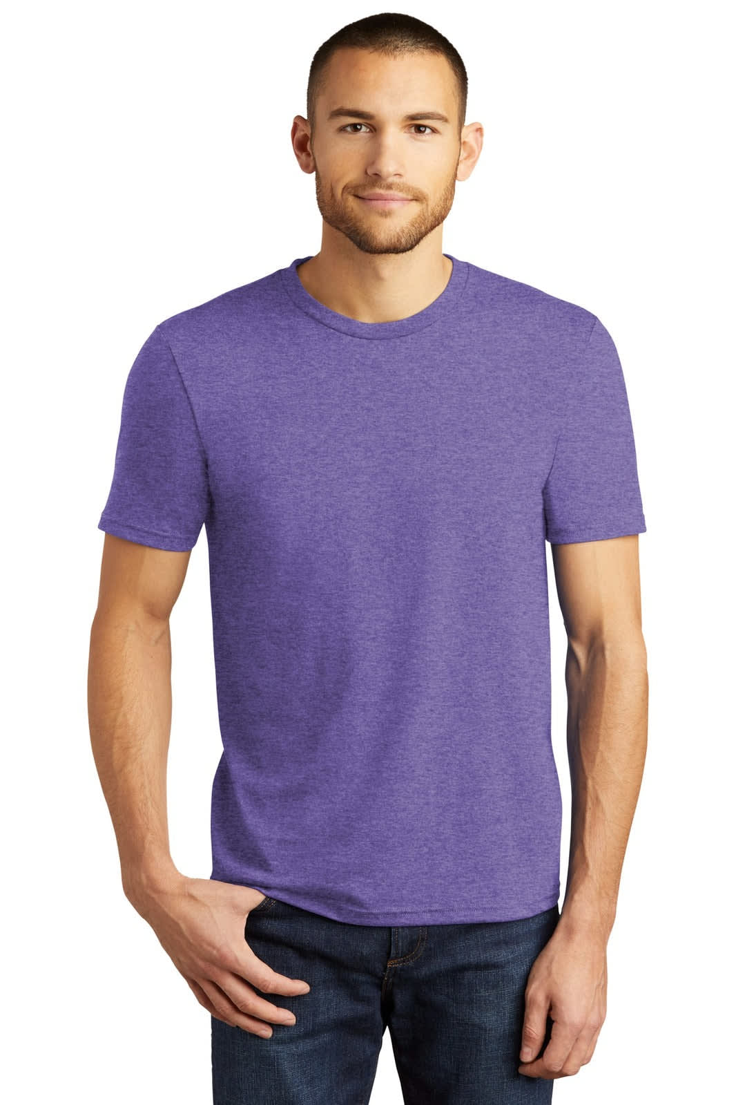 A man wearing a purple short-sleeve t-shirt, standing with one hand on his hip, against a white background.