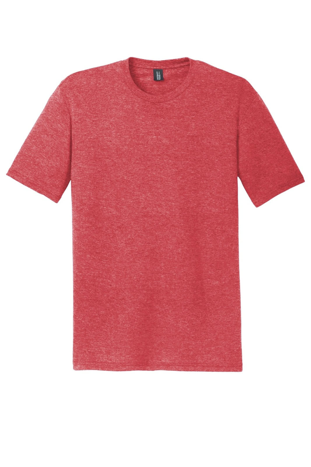 A red tri-blend crew t-shirt with short sleeves and a logo on the neck label.