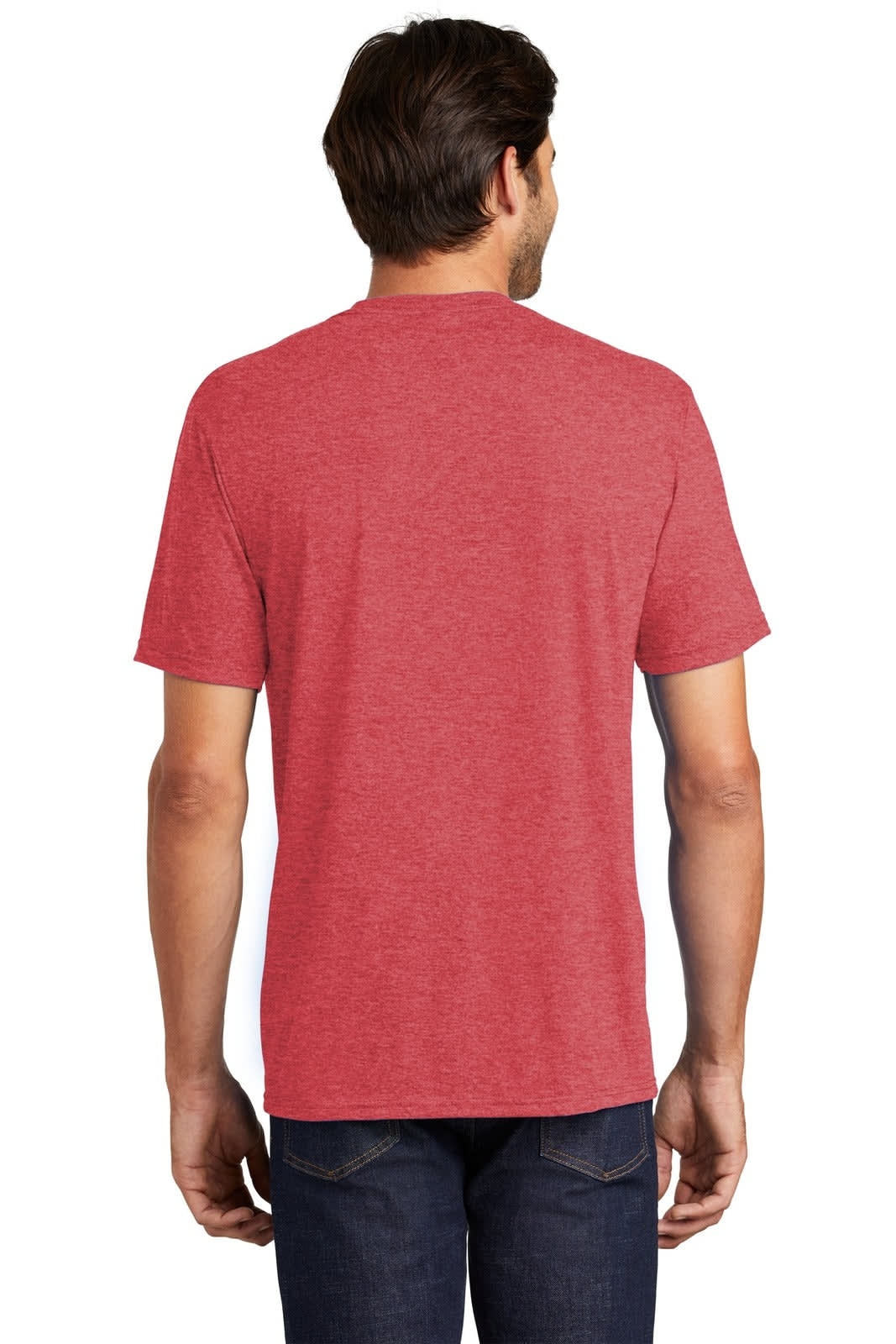 A red men's t-shirt with a crew neck and short sleeves, featuring a plain back. It includes a branding logo.