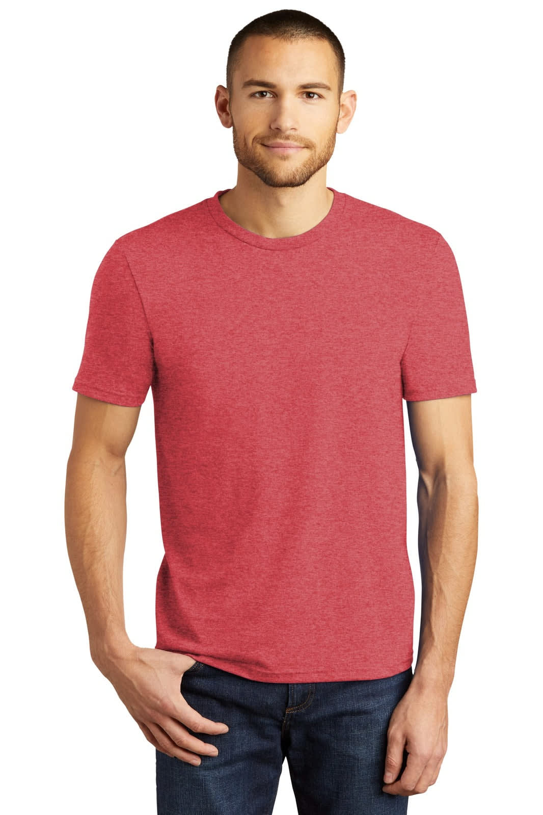 A red men's T-shirt featuring short sleeves and a crew neckline, modelled by a man. It has a logo.
