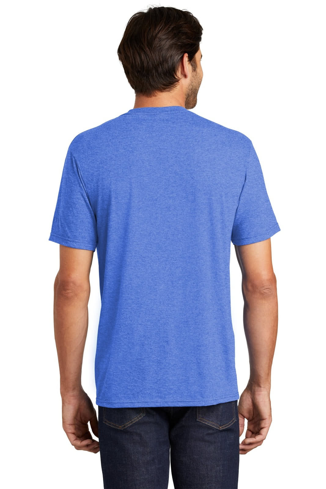 A blue men's t-shirt displayed from the back, featuring a simple design and a logo.