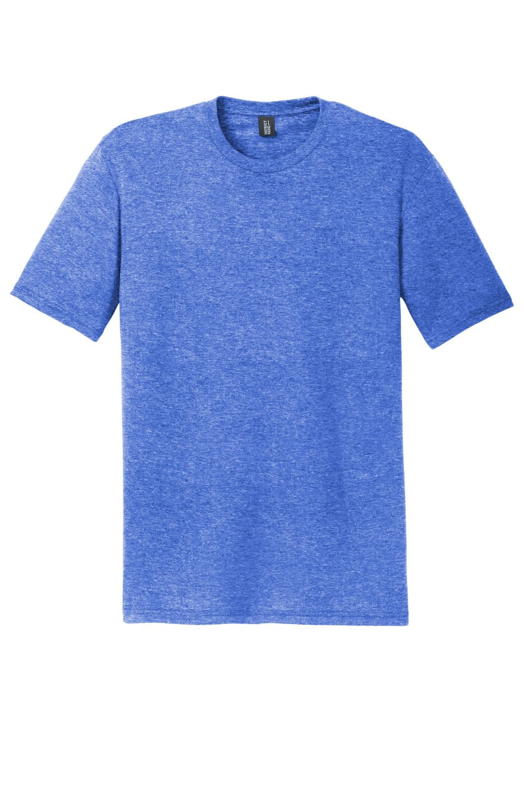 A blue tri-blend crew neck t-shirt with short sleeves and a logo.