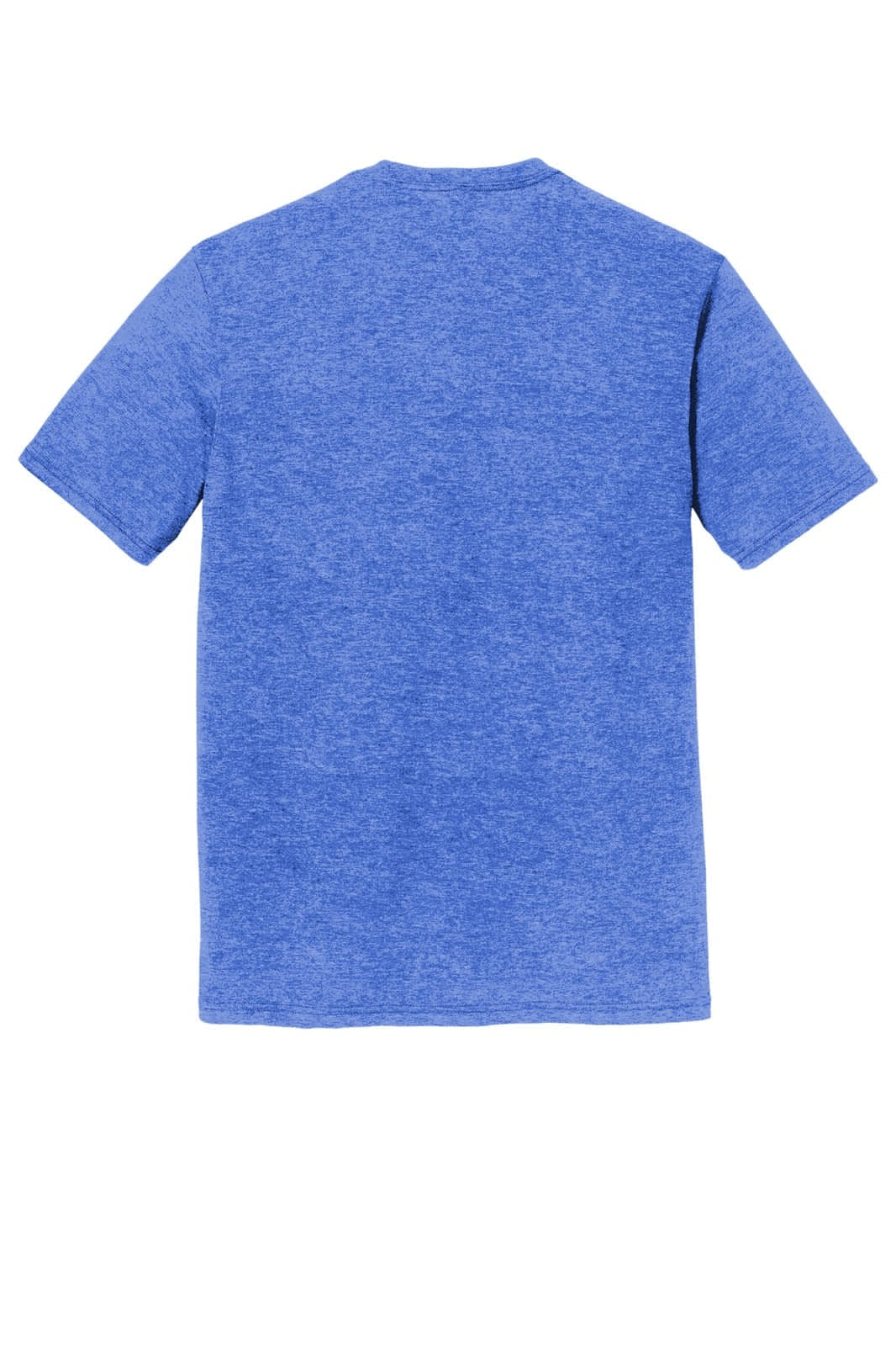 A blue t-shirt with short sleeves and a crew neck, featuring a plain back and a branding logo.