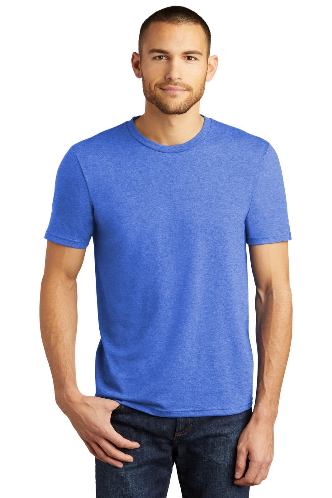A blue men's crew t-shirt with short sleeves, featuring a logo on the chest.