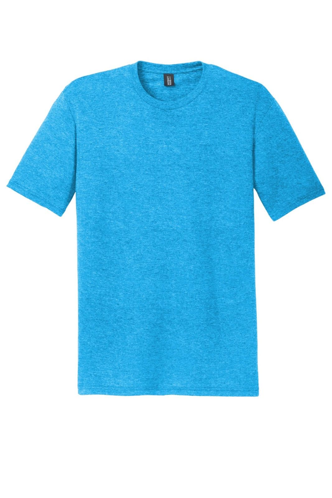 A blue heather short-sleeve crew tee, featuring a tagless design and a logo on the label.