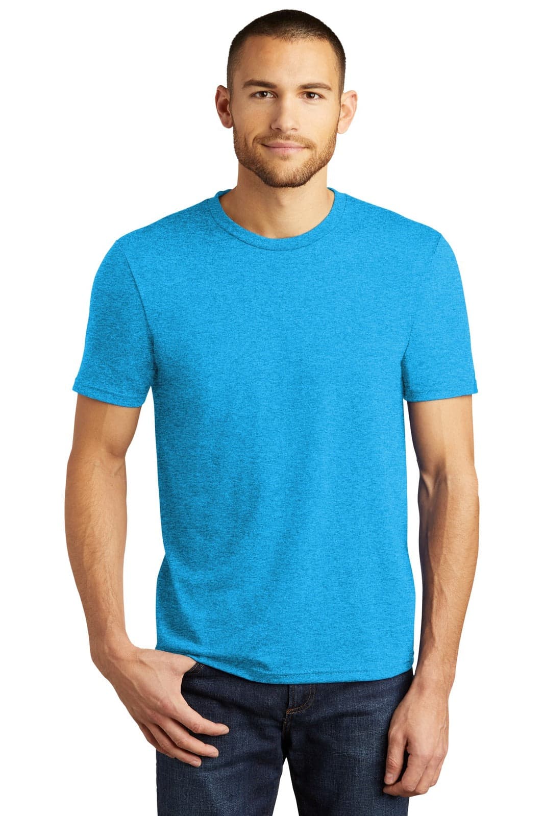 A men's crew tee in a bright blue hue, featuring a round neckline and short sleeves. It includes a logo.