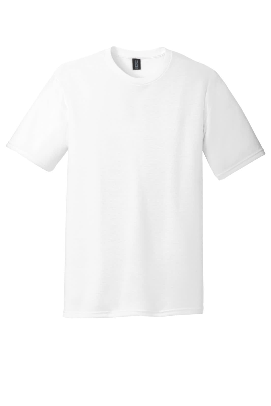A white men's crew T-shirt with short sleeves, featuring a logo on the label.
