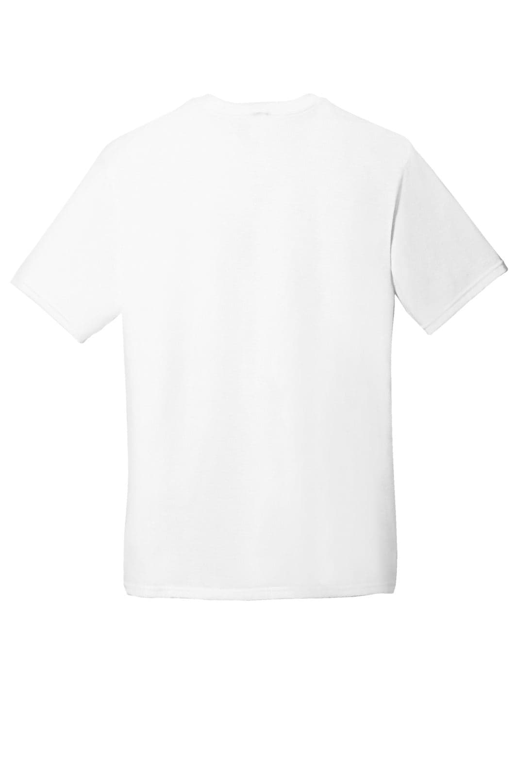 A white men's t-shirt with a crew neck and short sleeves. The back view shows a plain design with a logo.
