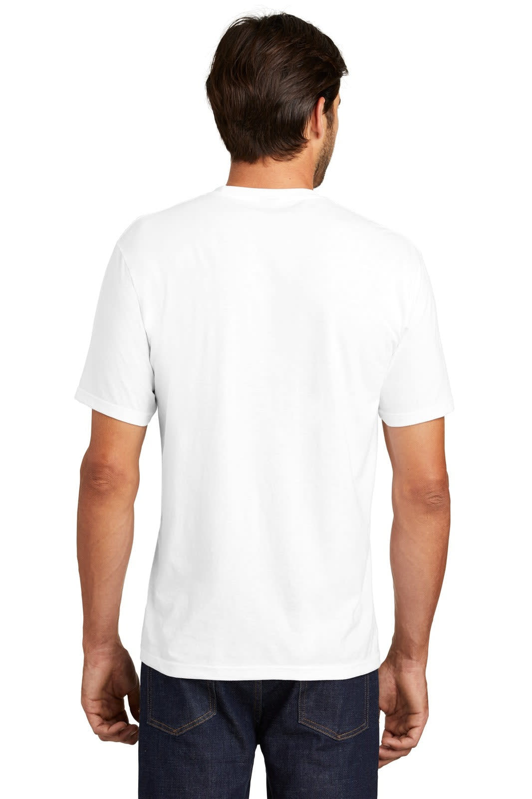 A white men's crew t-shirt with short sleeves, featuring a logo on the back.