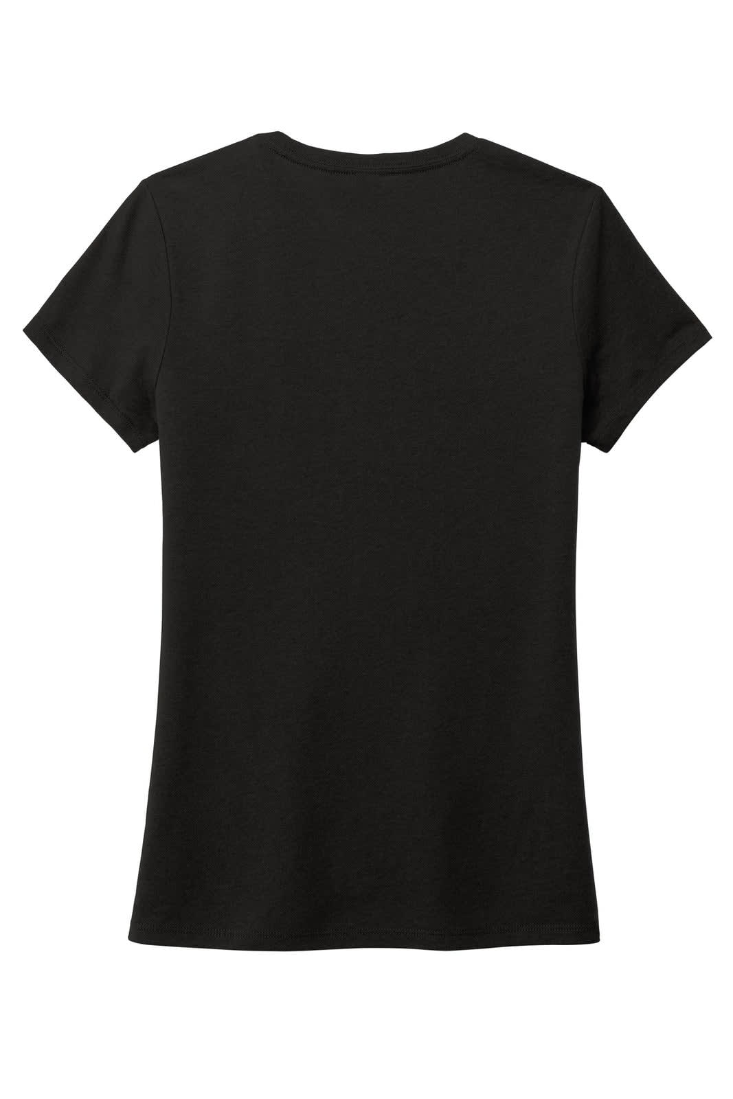 A black ladies' short-sleeve crew tee with a fitted silhouette and a branding logo on the back.
