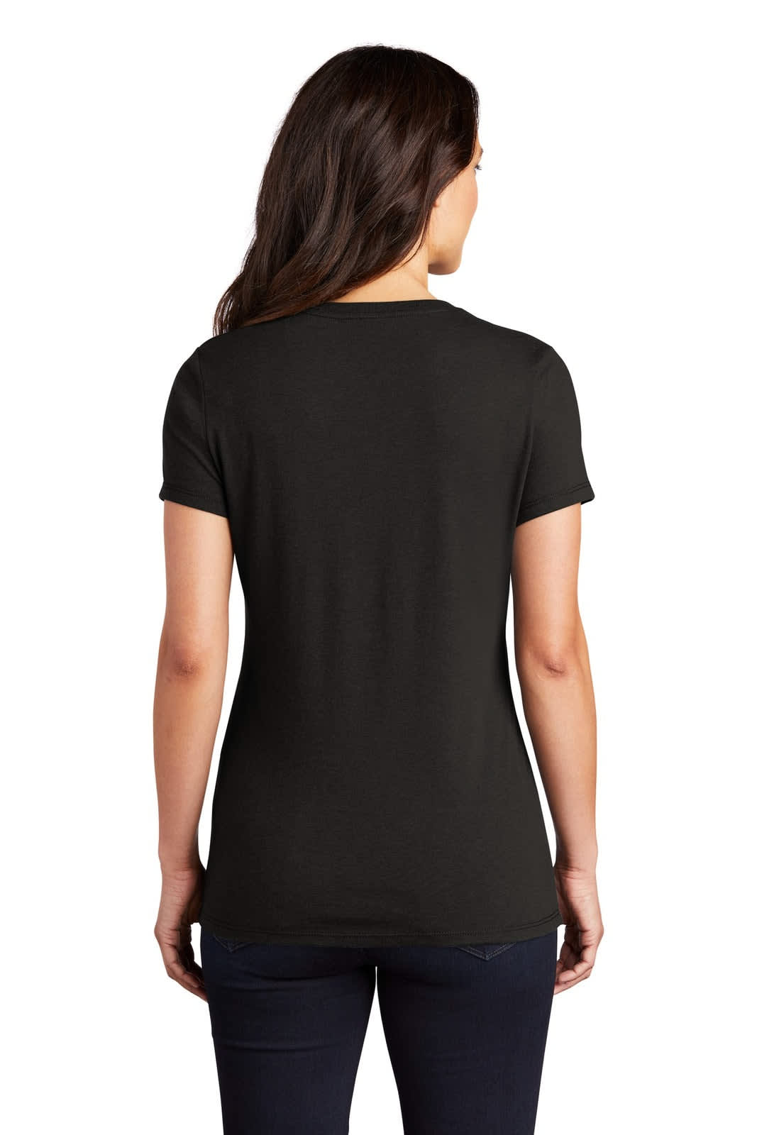 A black ladies' t-shirt with short sleeves, featuring a fitted design and a logo on the back.