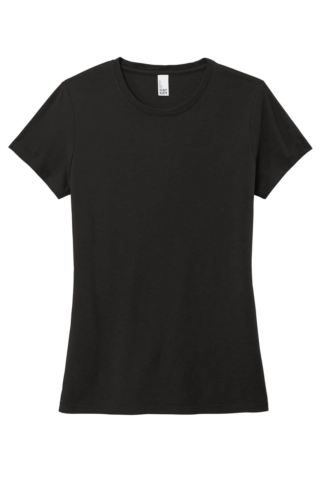 A black ladies' crew tee with short sleeves, featuring a logo on the neckline.