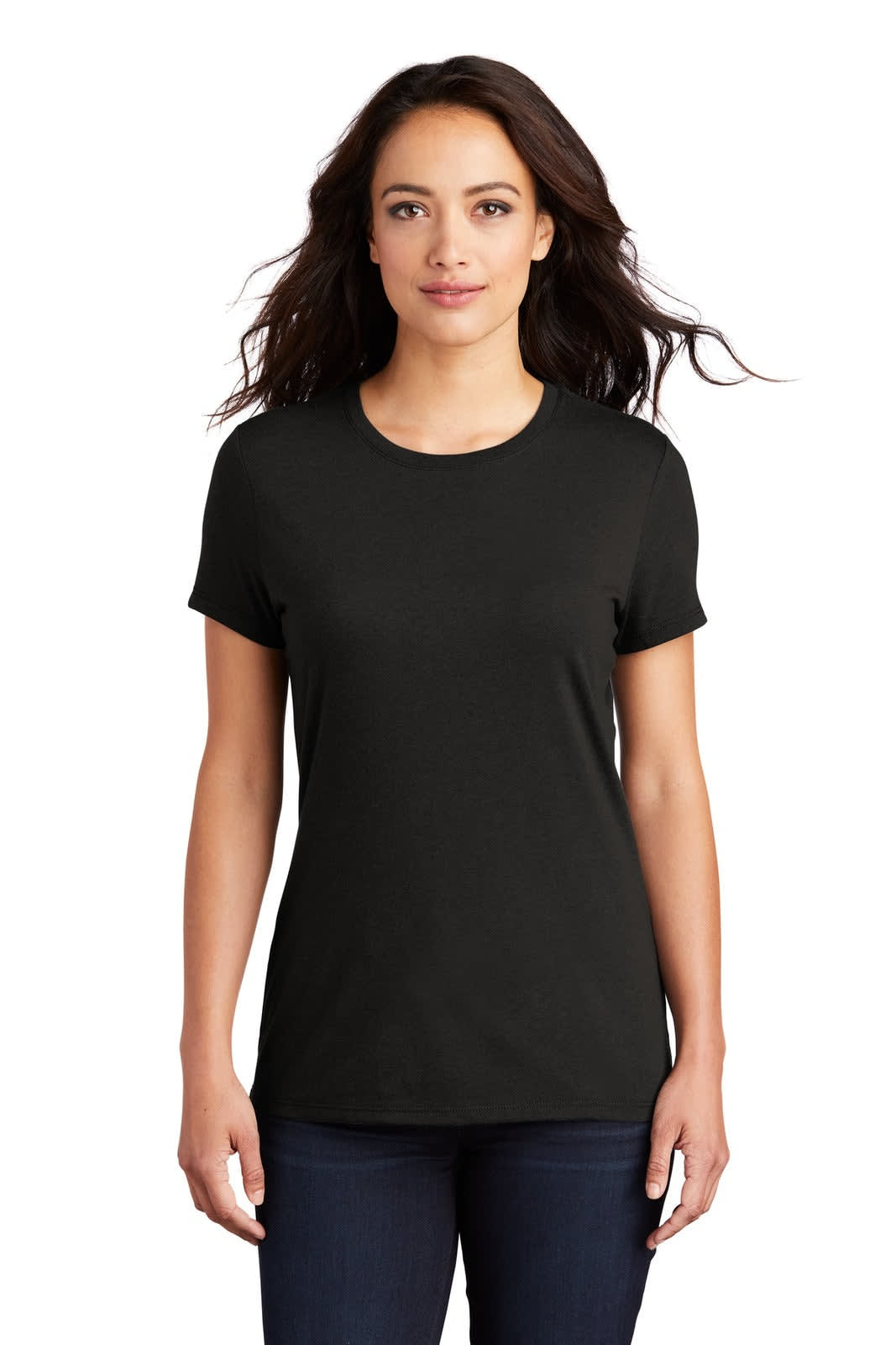 A black ladies' crew tee made from tri-blend fabric, featuring short sleeves and a round neckline.
