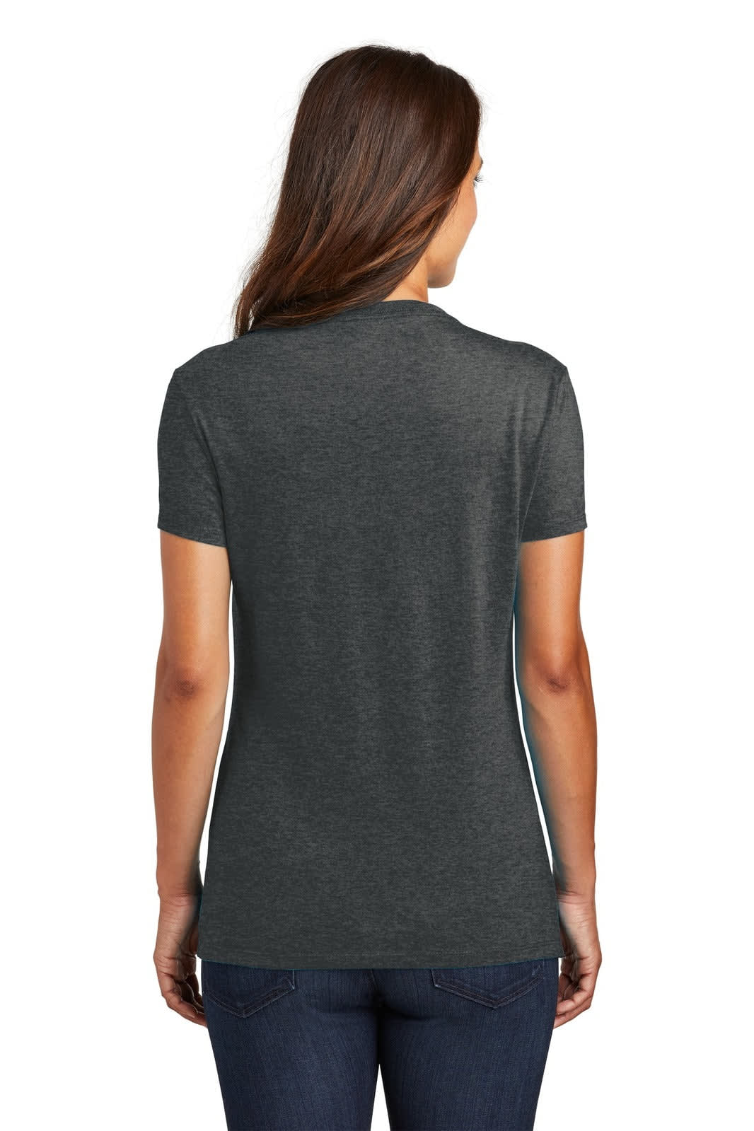 A grey ladies' t-shirt with a fitted design, featuring short sleeves and a back view. Includes a logo.