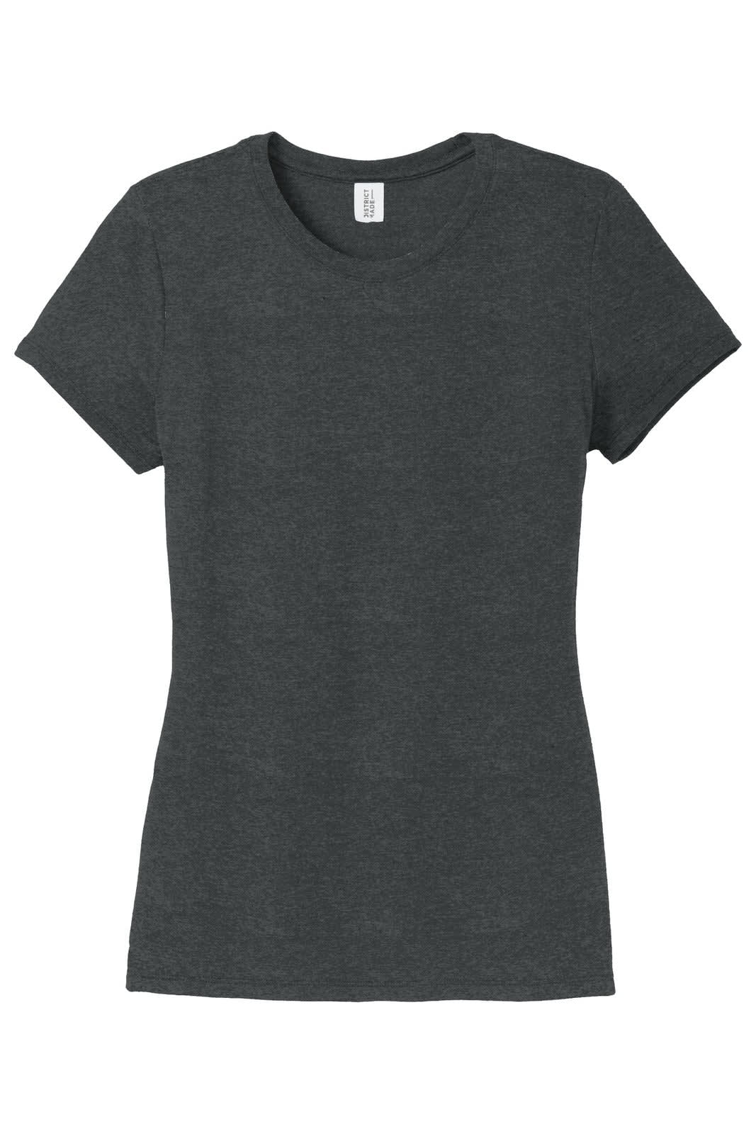 A dark grey ladies' crew neck t-shirt featuring short sleeves and a fitted design. It includes a logo.