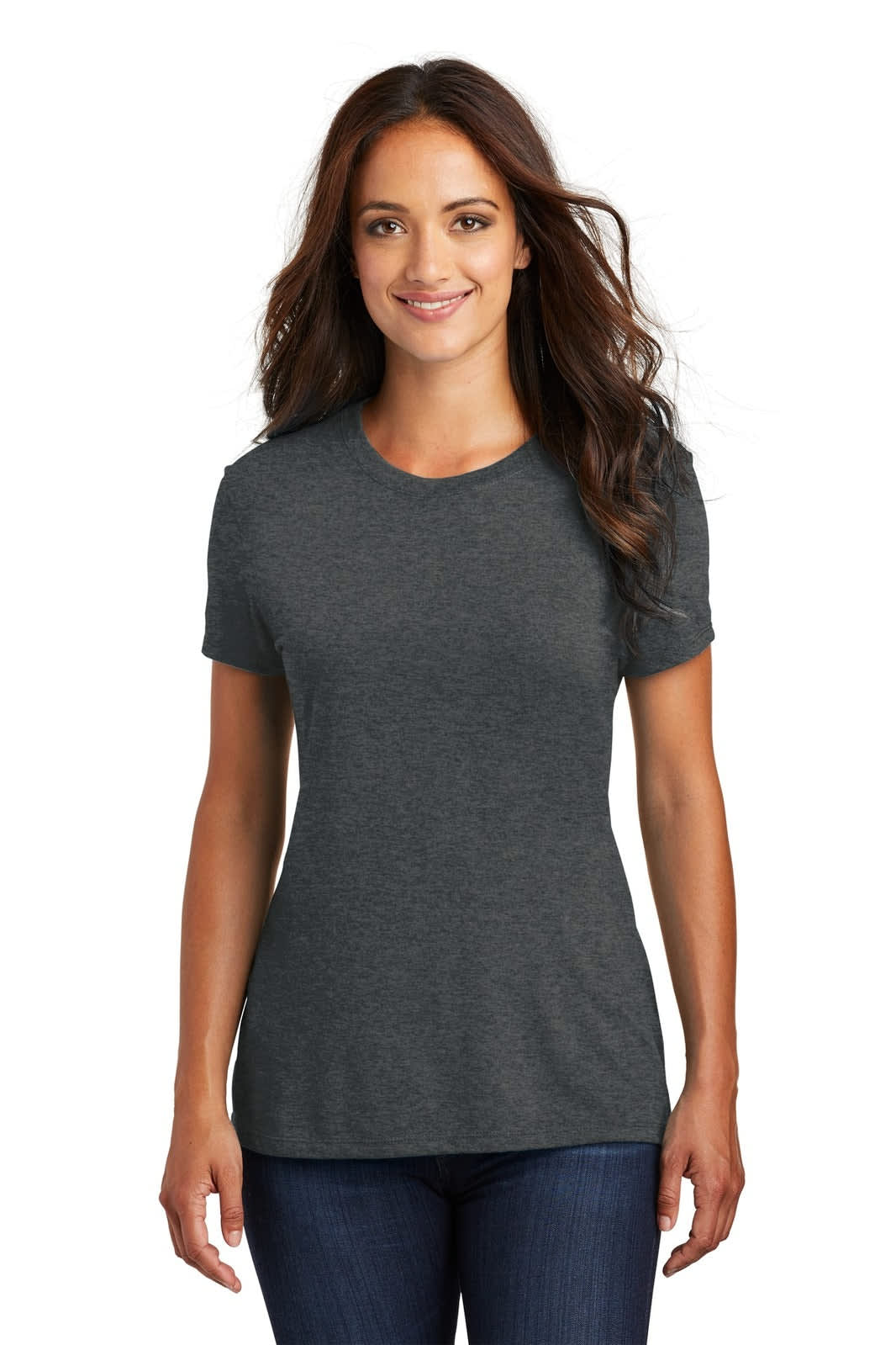 A woman models a charcoal grey t-shirt with a fitted design, featuring short sleeves and a round neckline.