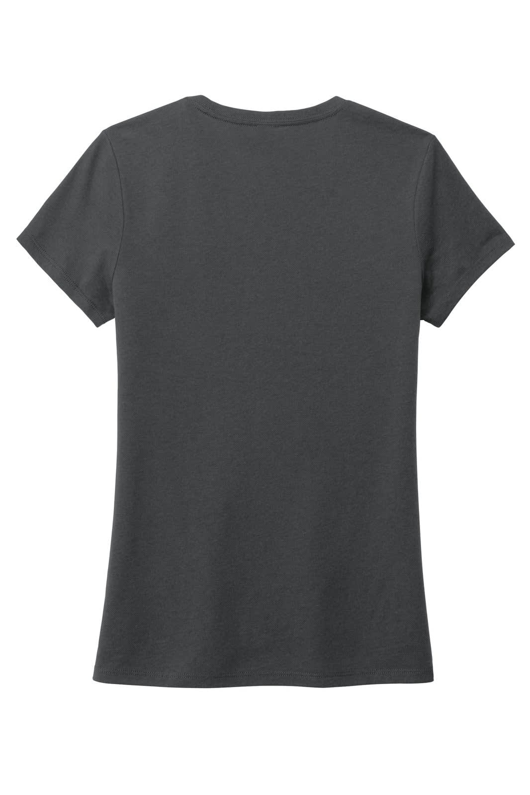 A dark grey ladies t-shirt featuring a classic crew neck and short sleeves, with a branding logo.