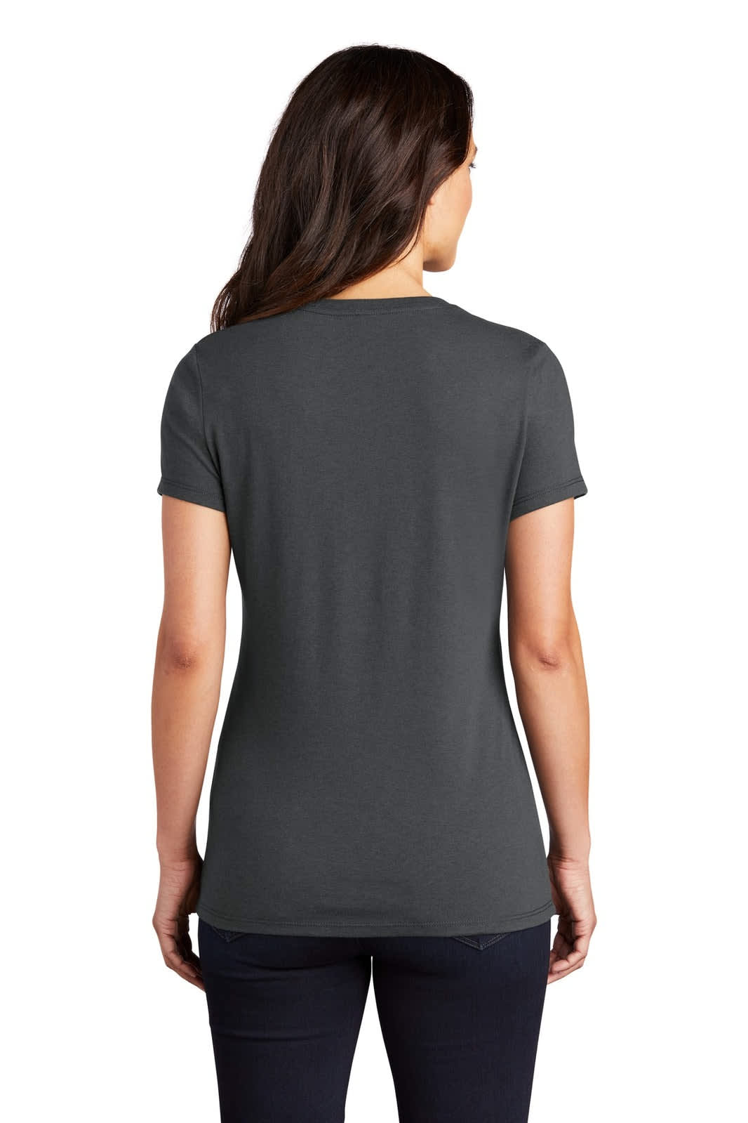 A fitted ladies' t-shirt in dark grey, featuring a back view and short sleeves. It has a logo on the side.