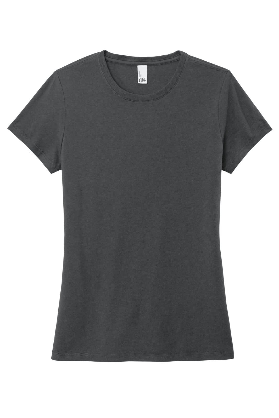 A grey ladies' t-shirt with a crew neck and short sleeves, featuring a logo on the label.