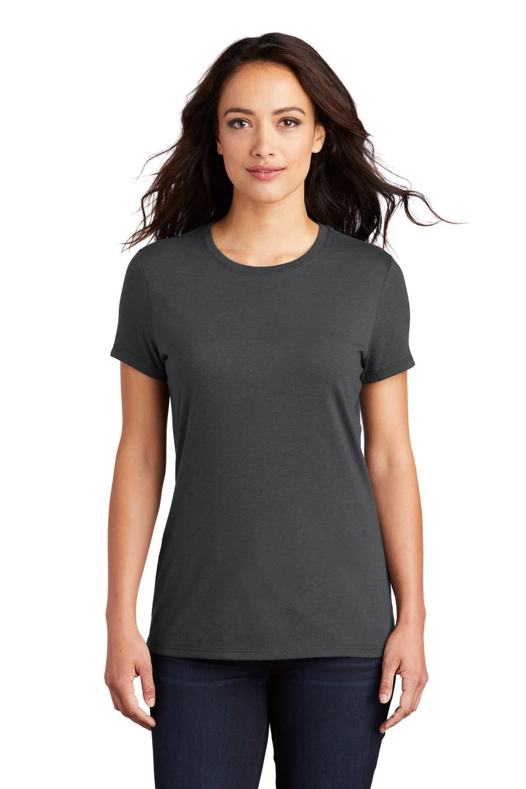 A model wearing a dark grey ladies’ T-shirt with short sleeves and a round neckline. The shirt has a logo.