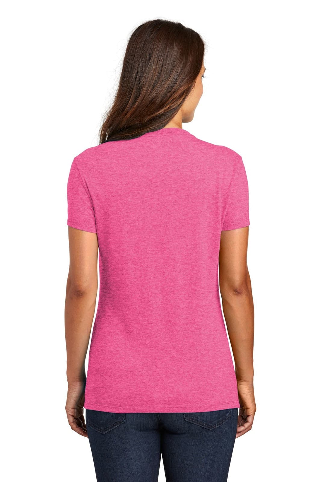 A pink ladies' T-shirt with a crew neck and short sleeves, featuring a logo on the back.