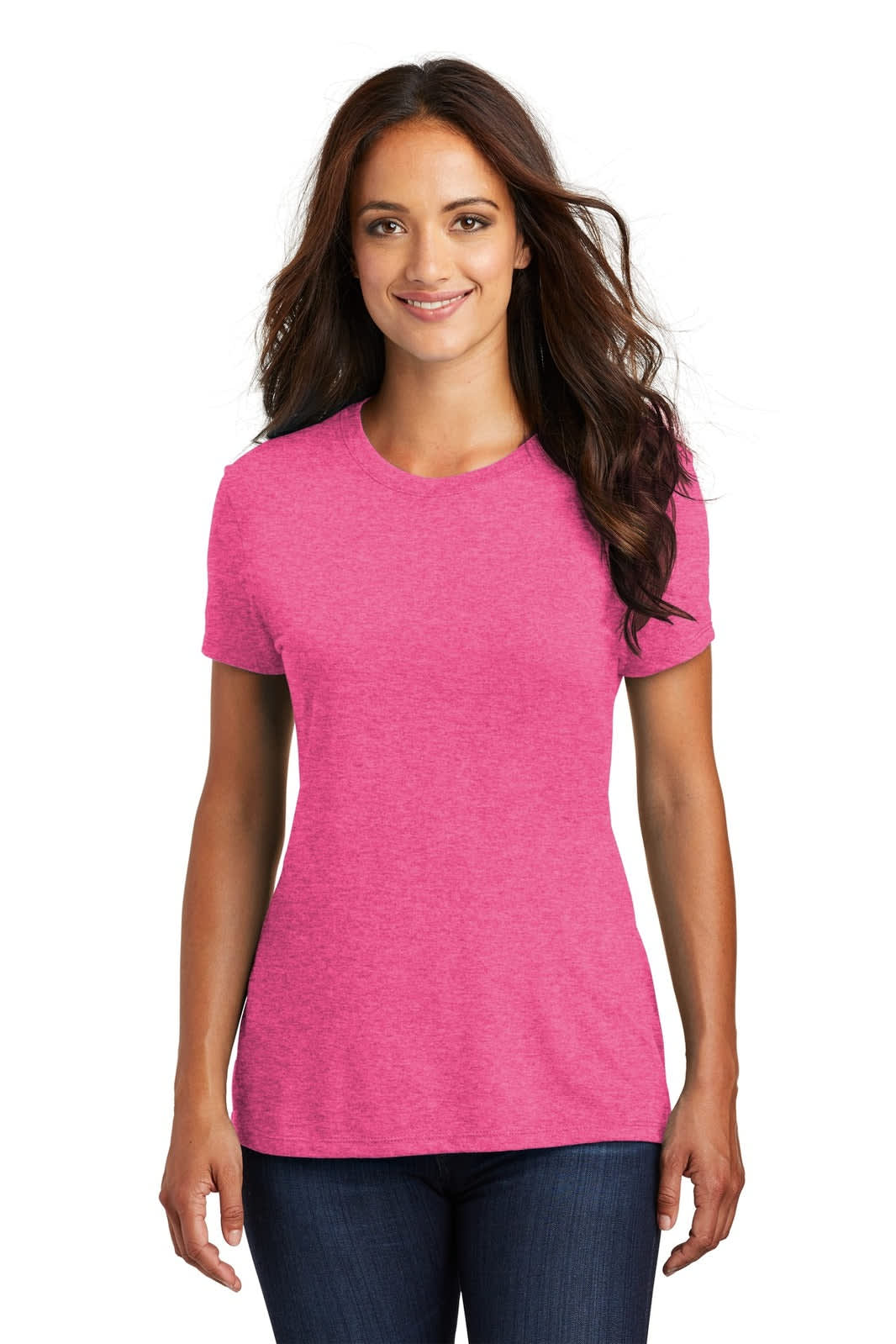A ladies' T-shirt in bright pink with short sleeves, featuring a slight fitted silhouette and a logo.