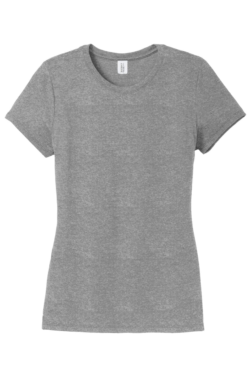 A grey ladies' t-shirt with a crew neckline and short sleeves, featuring a logo.
