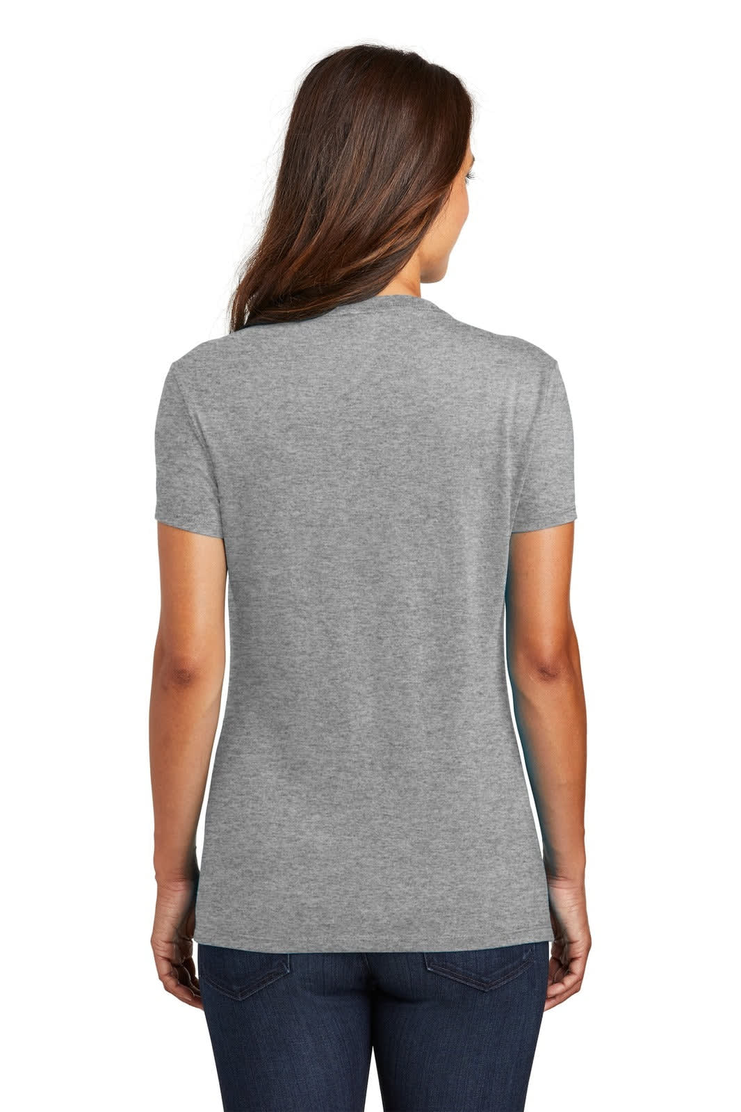 A grey ladies' t-shirt with short sleeves, featuring a logo on the back, designed for casual wear.