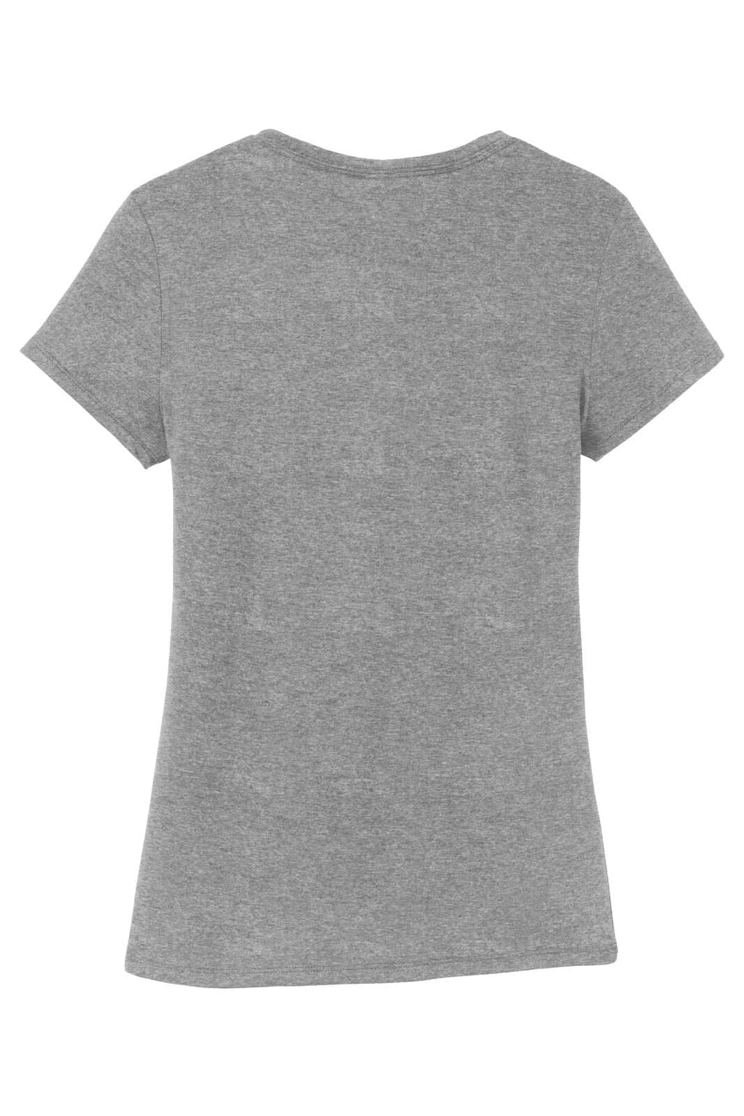 A grey ladies' crew neck t-shirt with short sleeves, featuring a simple design and a logo.