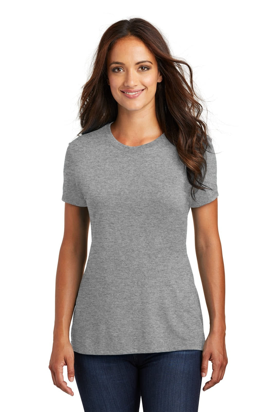 A fitted grey ladies' t-shirt with short sleeves. The shirt features a logo on the front.