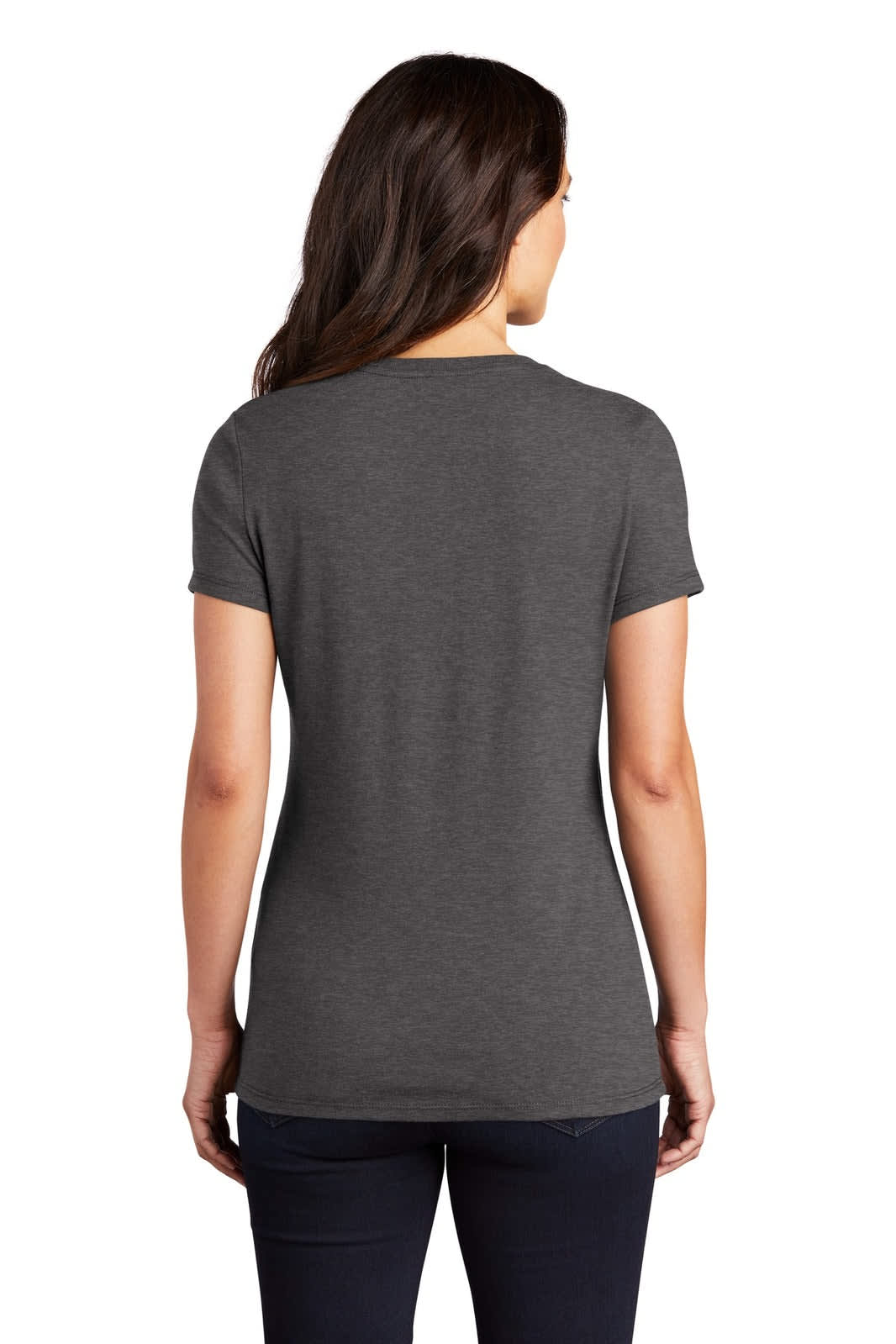 A grey ladies' t-shirt with a crew neck and short sleeves, featuring a logo on the back.