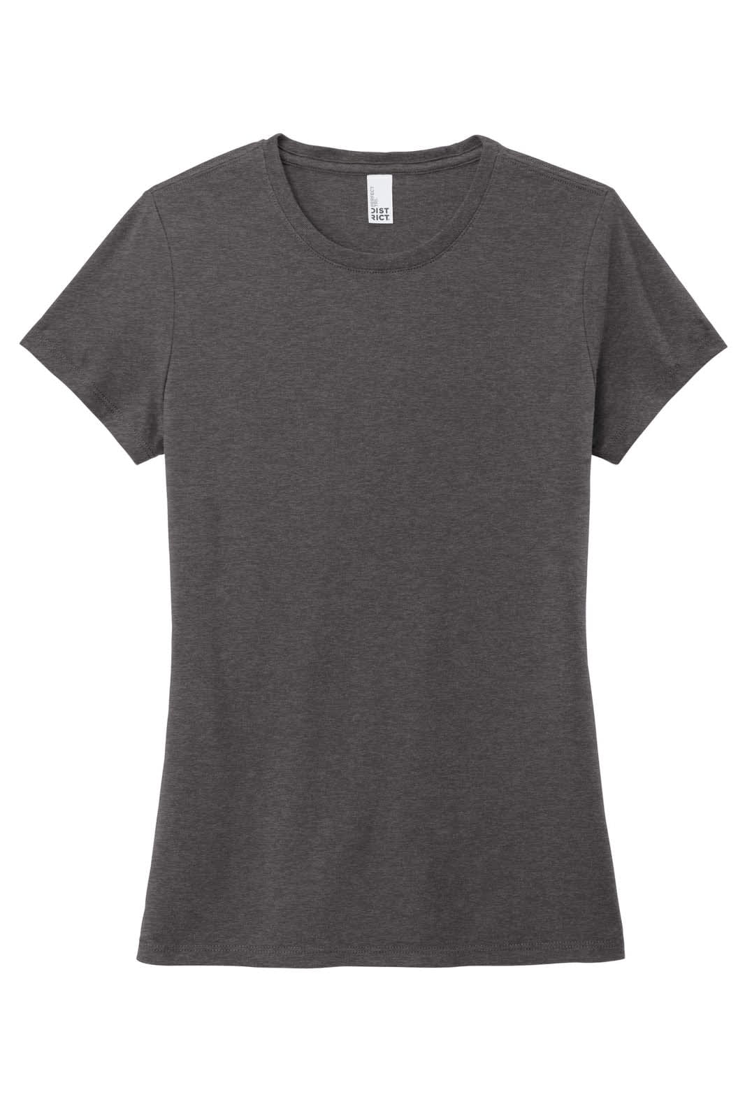 A dark grey women's crew neck t-shirt with short sleeves. It features a branding logo on the tag.