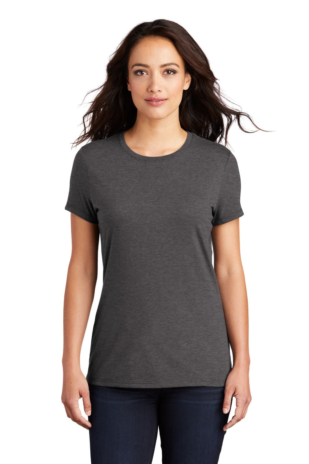 A grey ladies' T-shirt featuring a crew neckline and short sleeves, displayed on a model. It has a logo on it.