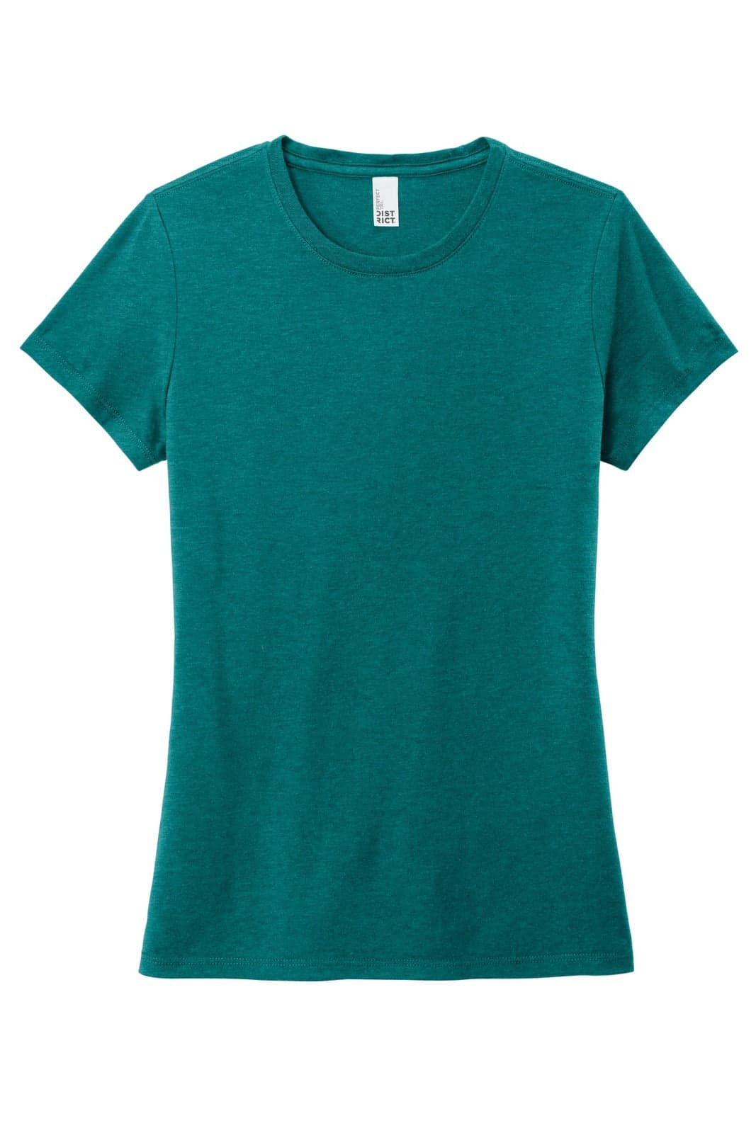 A teal ladies' t-shirt with a classic crew neck and short sleeves, featuring a logo on the label.