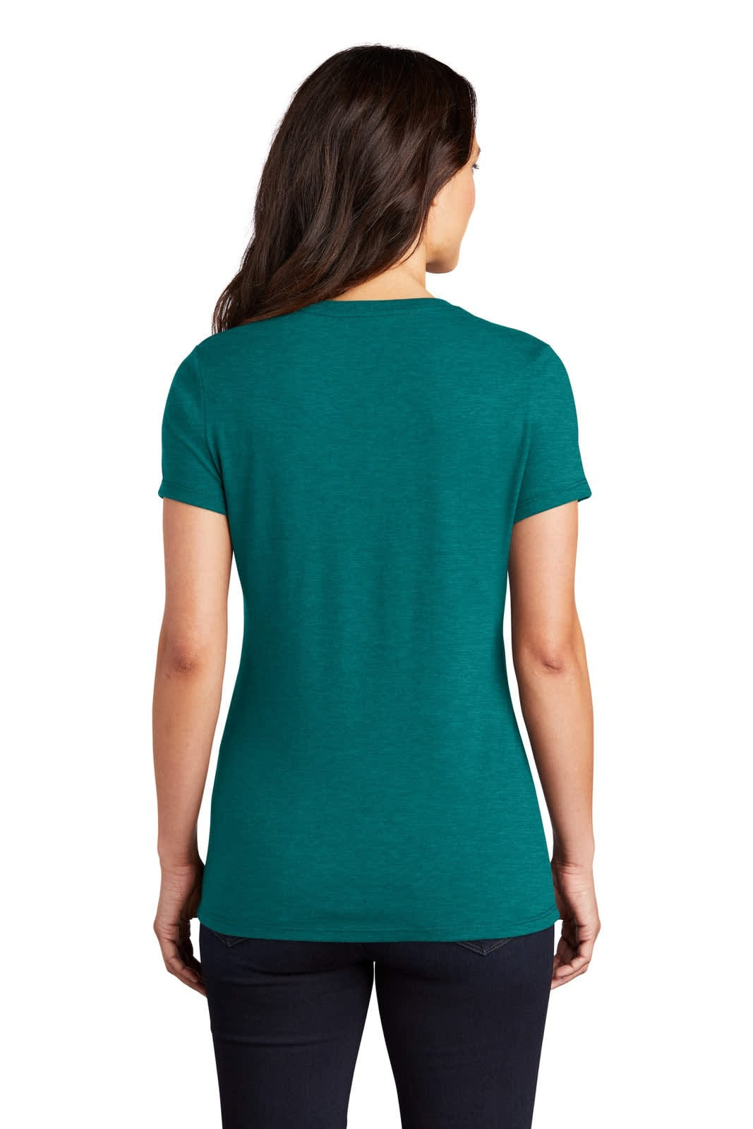 A back view of a ladies' t-shirt in teal blue, featuring short sleeves and a fitted design.