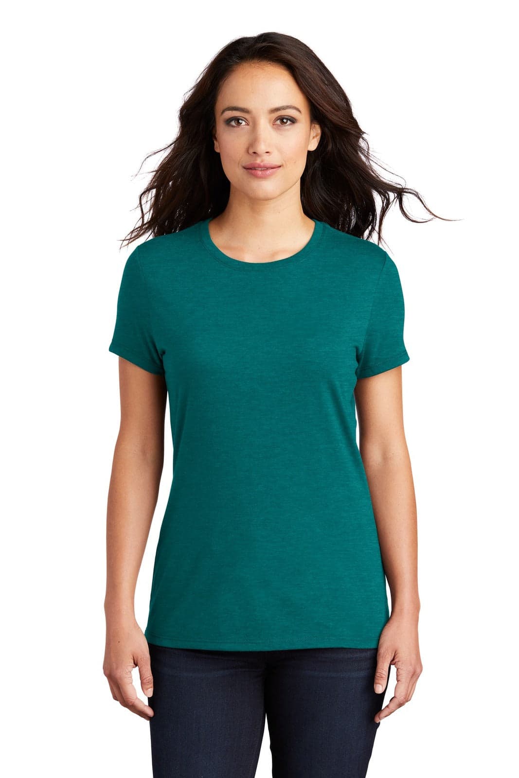 A teal women's t-shirt with short sleeves and a round neckline. The model stands in a neutral pose, showcasing the fit.
