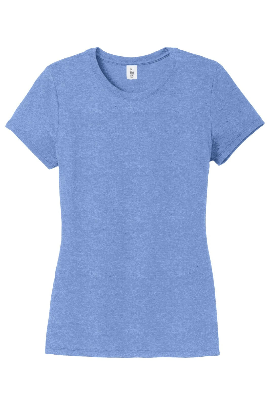 A blue ladies' crew tee with short sleeves and a fitted design. Features a logo on the label.