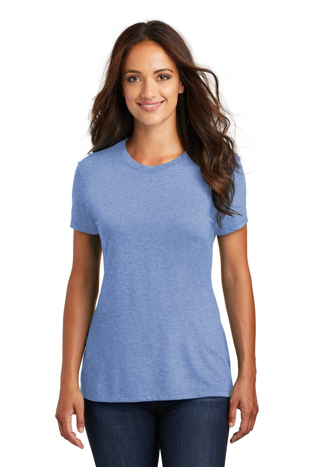 A blue ladies' T-shirt with a crew neckline, featuring a fitted design and short sleeves. The shirt has a logo.