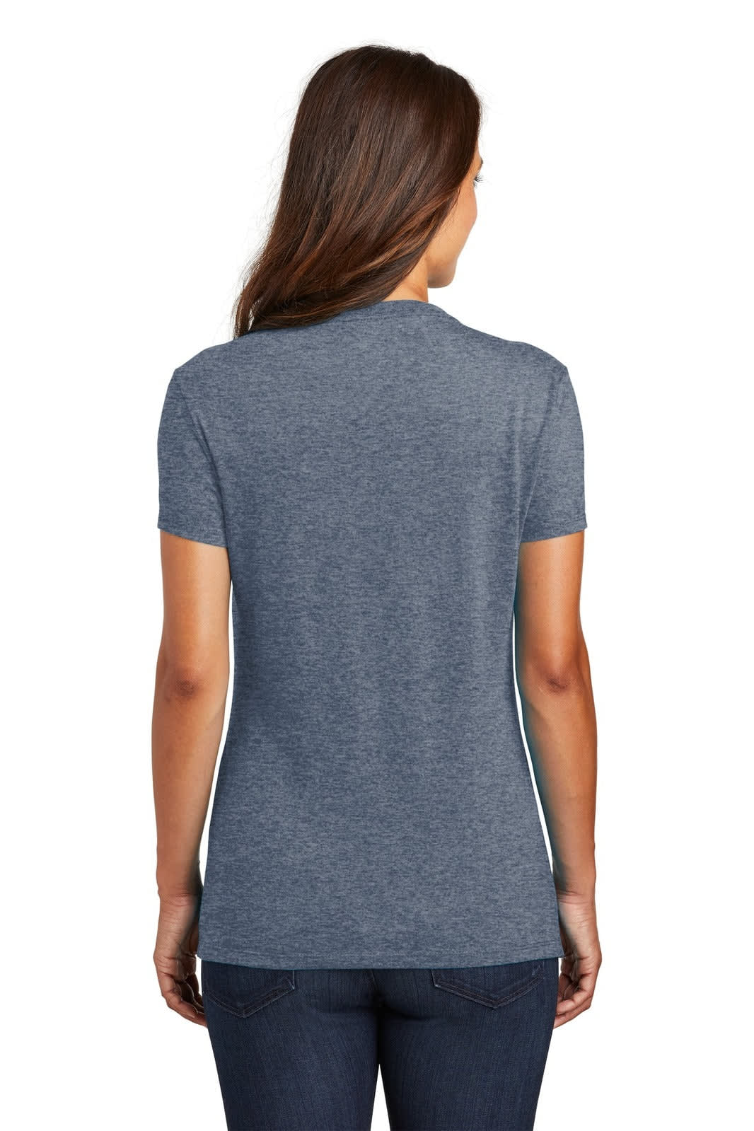 A women’s short-sleeve crew tee in a heather navy colour with a back view. The shirt has a logo.